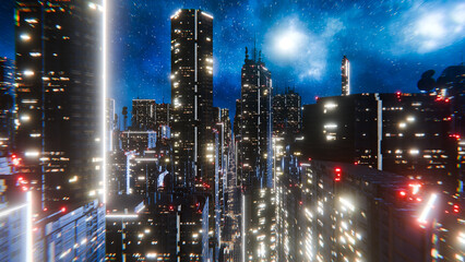 Flying through futuristic cityscape with neon lights at night