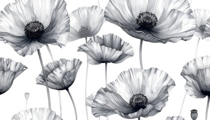 Fototapeta premium Black and white image of delicate poppy flowers blooming