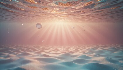 Serene underwater scene with sunbeams shining through ocean surface
