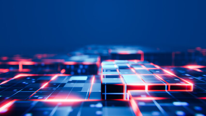 Complex grid pattern with glowing lines and data moving across a futuristic blue background