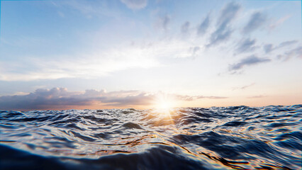Golden sunset reflecting on wavy ocean surface