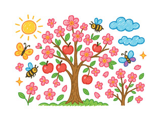 Fruit Tree Blossoms. Fruit Tree Blossoms. Colorful Hand-drawn doodle Children illustration Fruit Tree Blossoms pink flowers, bees, butterflies, branches,