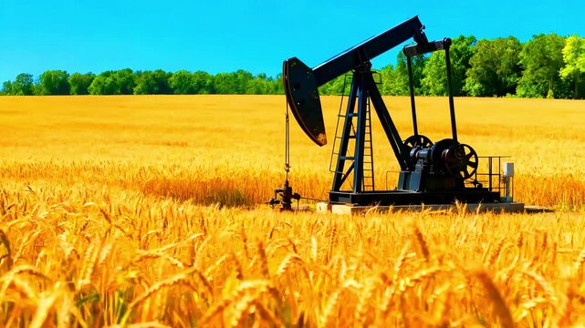 A large, dark industrial oil pumpjack operates actively within a bright, expansive field of ripe golden wheat under a clear summer sky, signifying resource extraction contrast.