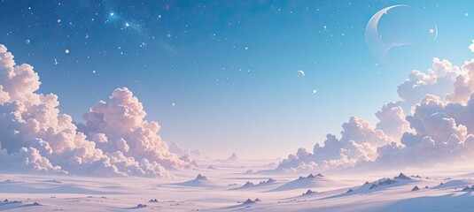 Dreamy desert landscape with crescent moon and stars in night sky