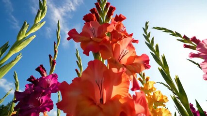 Vibrant Gladiolus Flowers Blooming Upwards Towards a Bright Blue Sky on a Sunny Day