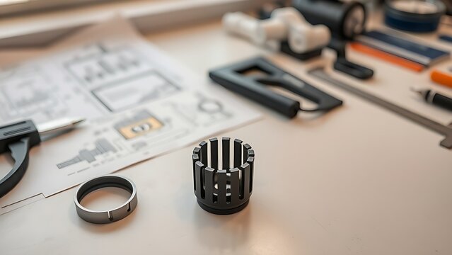 collet. Disassembled collet on a workbench beside technical drawings and calipers. safety posters, maintenance manuals, designed for precision metalworking and fabrication facilities.