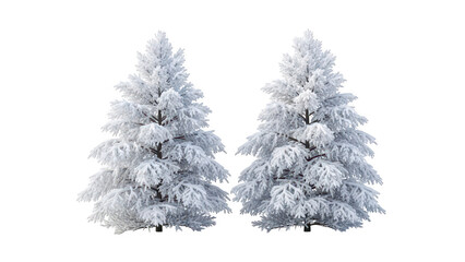 Fototapeta premium Two snowcovered pine trees standing prominently against a plain background during winter season with frosty branches isolated on transparent background