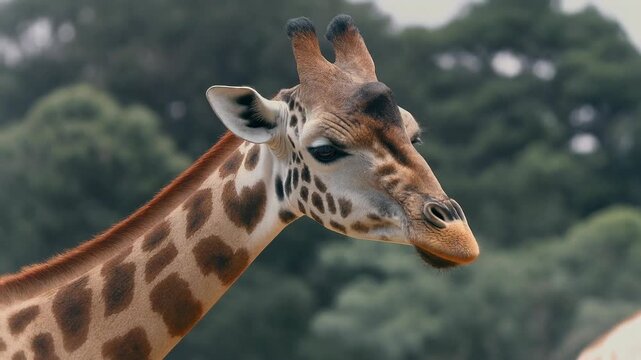 A close-up view of a giraffe's head and neck. The giraffe has a patterned coat and long neck, with a forest background
