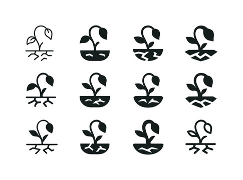 Desertification Icon Set. Desertification. Icon set. Set Logo of desertification: withered plant. harmonious logo variations of the same emblematic concept,