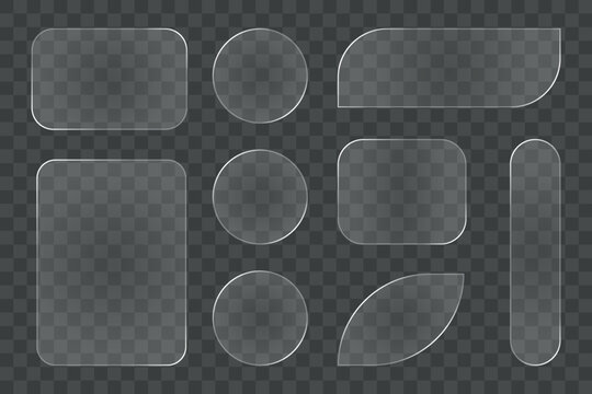 Set of various transparent glass or plastic shapes with rounded corners, isolated on a checkered background for easy layering
