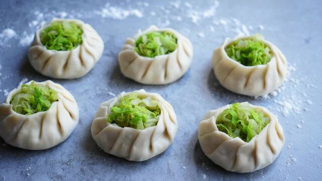 Raw dumplings with cabbage filling on floured surface, traditional handmade pastry, uncooked Asian style buns, vegan stuffed dough, authentic homemade preparation, rustic kitchen background