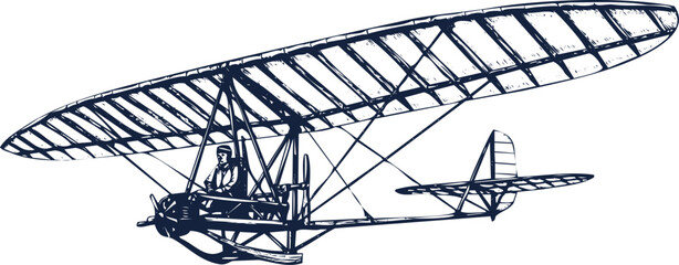 Vintage Glider Aircraft with Pilot in Sketch Style airplane aviation