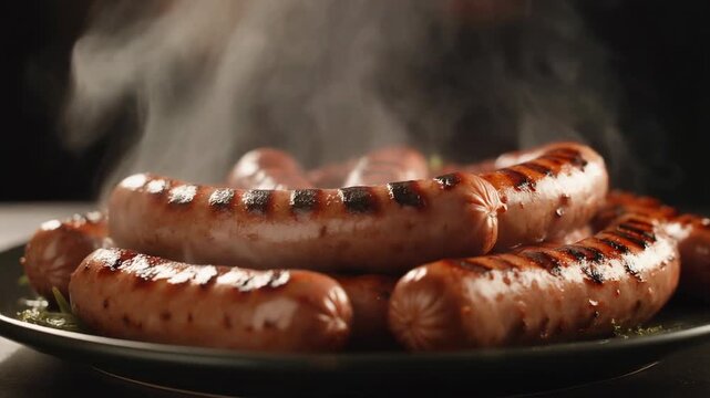 A close-up showcases grilled sausages on a plate, surrounded by rising steam and a dark background. The meat has char marks