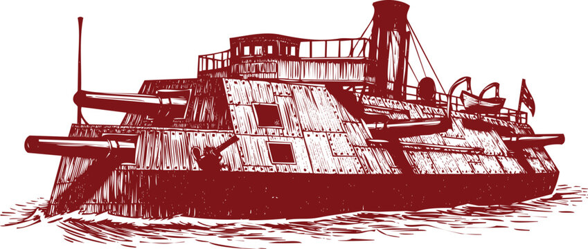 Vintage ironclad warship illustration with cannons and smokestack naval military