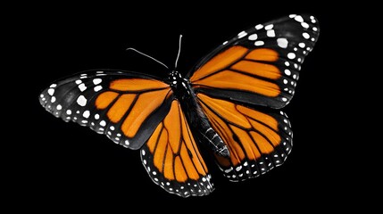 Obraz premium Monarch butterfly with striking orange and black wings, open, on a stark black backdrop