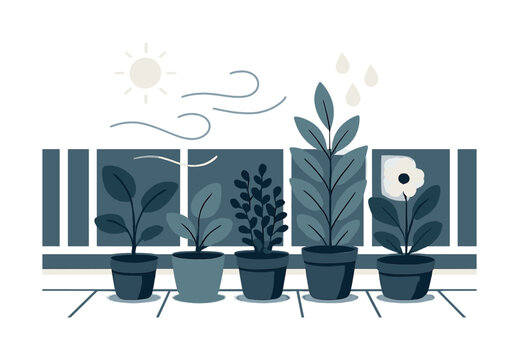 Balcony Plant Haven. Balcony green corner. Multiple pots arranged in a tidy row; wind lines drifting across leaves. Icons of sun and droplets