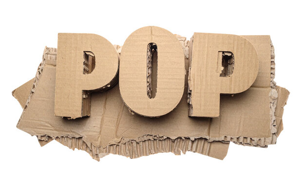 POP" spelled in 3D cardboard letters on a ripped cardboard background