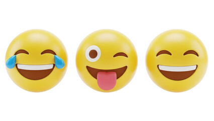 Set of humorous emoji yellow balls with faces showing various expressive emotions on a transparent background