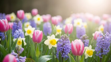 Vibrant spring flowers blooming in sunny garden with colorful tulips and daffodils
