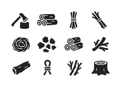 Firewood Icon Set. Firewood preparation. Solid icon set of Firewood preparation: axe, chopping block, wood logs, kindling bundle, tinder nest, wood chips,