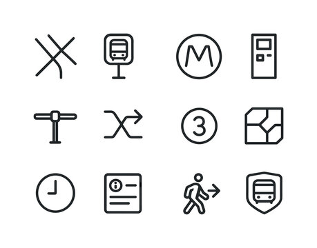 Transit Icon Set. transit countries. Line icon set of transit countries: street map, bus stop, metro icon, ticket machine, turnstile, interchange station,