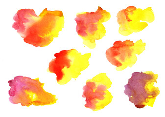 watercolor paint stains isolated on white background, red and yellow color spots, vibrant abstract paint swatches collection, hand painted textures