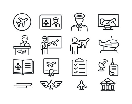 Aviation Line Icon Set. Airplane. Line icon set of Airplane: aviation school icon, pilot license, student pilot, flight instructor, classroom board, airplane