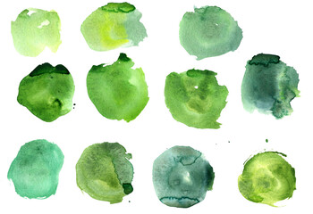 watercolor paint stains isolated on white background, green color spots, vibrant abstract paint swatches collection, hand painted textures