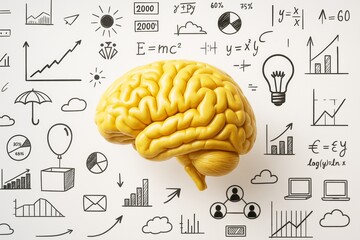 Yellow human brain model surrounded by scientific graphs, math formulas, and data symbols on white background with light academic theme.