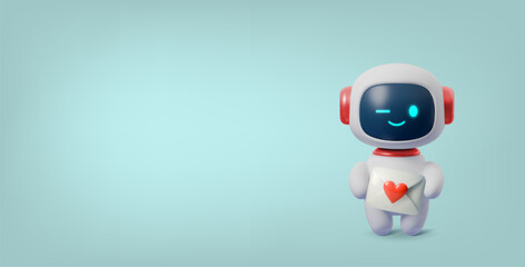 Cute 3D robot character holding heart with love. AI chatbot mascot for Valentines Day. Technology bot illustration with adorable expression and futuristic design.