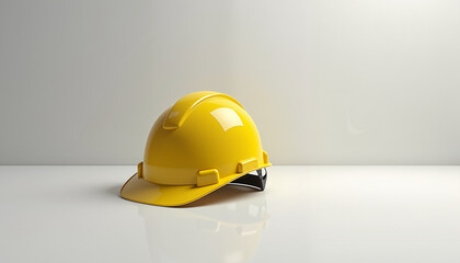 yellow safety helmet positioned on a reflective surface, representing construction and safety awareness in workplace environments