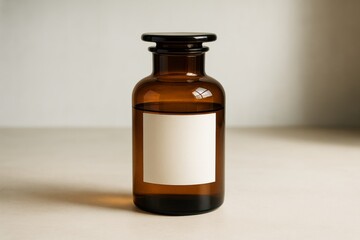 Amber glass bottle with blank label standing on light neutral surface for branding mockup and presentation in minimalist style concept. Ai generative