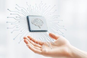 Futuristic microchip with brain icon and digital circuit lines floating above human hand on bright light background, symbolizing AI and technology concepts.