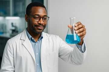 Scientist in lab coat examining blue liquid in Erlenmeyer flask, smiling confidently, standing against clean bright background in modern laboratory. Ai generative