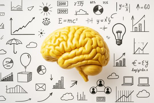 Yellow human brain model surrounded by scientific graphs, math formulas, and data symbols on white background with light academic theme. - Powered by Adobe