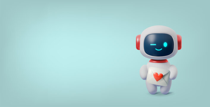 Cute 3D robot character holding heart with love. AI chatbot mascot for Valentines Day. Technology bot illustration with adorable expression and futuristic design.