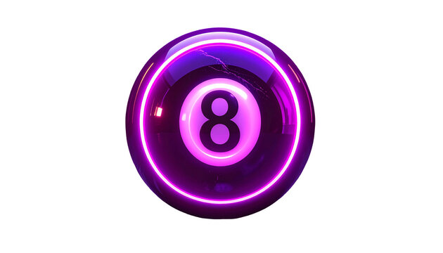 A glowing neon eight-ball on black background with bright highlights