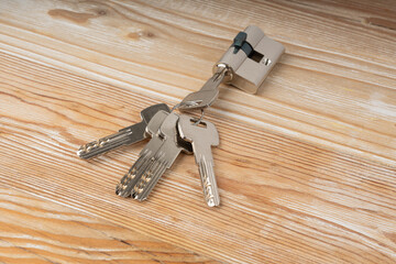 Keys and lock cylinder for door lock. Pin tumbler components ready to replace or repair