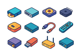 Colorful Media Devices Icons. media devices. Colorful isometric vector icons set of media devices: Blu-ray player, DVD player, CD player, streaming box, smart
