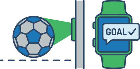 Goal-line technology concept depicting a soccer ball detected by a goal post sensor, sending a goal confirmation to a referee's smartwatch, vector illustration.