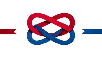 Intertwined red & blue infinity loops, ribbons, on black background