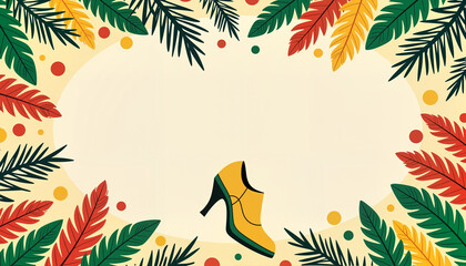 yellow high-heeled shoe resting among colorful tropical leaves and dots on a light background, suitable for fashion and lifestyle themed projects, with copy space