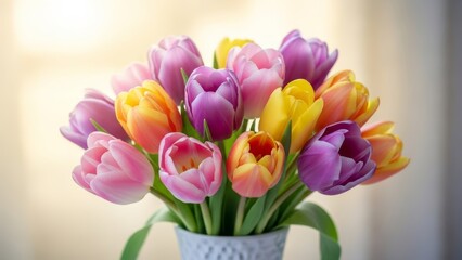 Vibrant tulip bouquet in decorative vase on blurred background