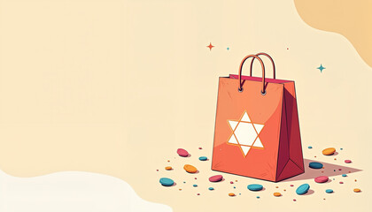 shopping bag with star symbol surrounded by colorful candies on a minimalist beige background, suitable for promotional materials and festive campaigns
