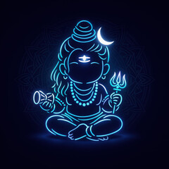 Neon Blue Cute Baby Lord Shiva with Drum and Trident baby Shiva chibi