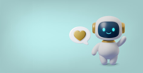 Cute 3D robot character with heart bubble and friendly wave. AI chatbot mascot icon for virtual agent, tech support, or digital assistant interface design.