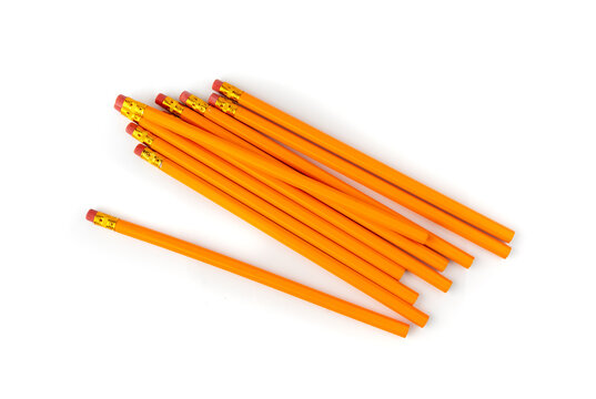 Pencils with a rubber isolated. Unsharpened yellow wooden graphite pencils