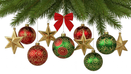 Christmas decorations hanging from pine branches with red and gold ornaments, stars, and a red bow for holiday celebration isolated on transparent background