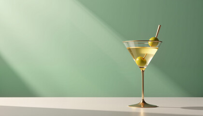 martini cocktail with green olives in a glass garnished with a stirrer against a minimalist background for social gatherings and events