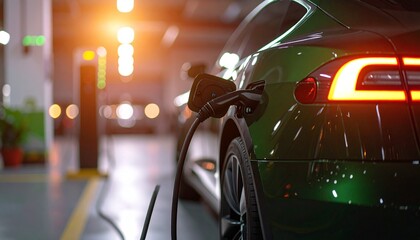 Electric vehicle charging station in modern minimalist garage interior